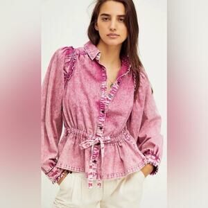 NWOT! Free People Acid Wash Denim Puff Sleeve You're All Mine Jacket 21” P2P